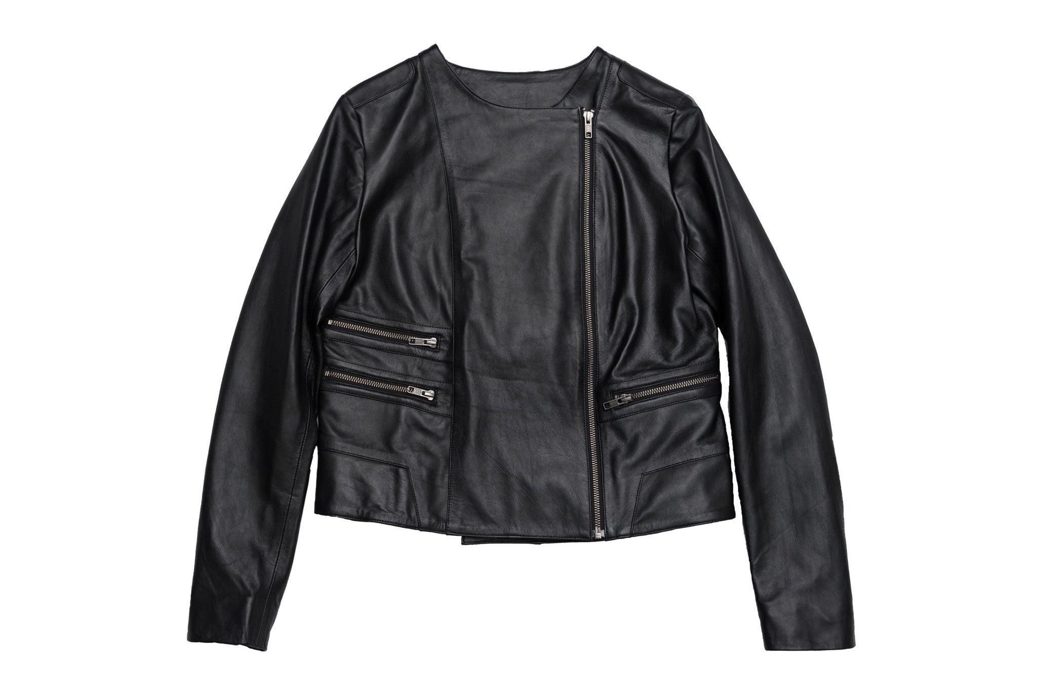Leather biker jacket available in black or navy. Zip details. Made from 100% authentic leather