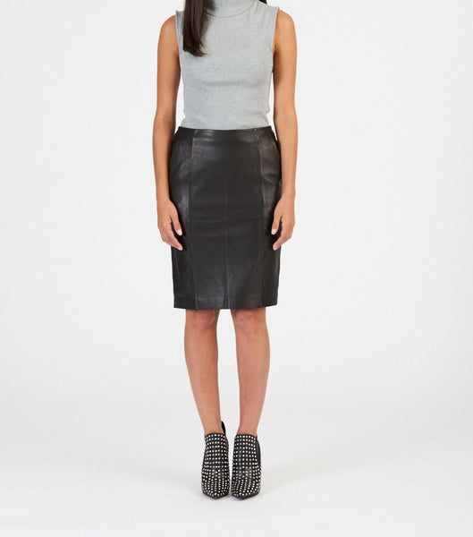 structured soft leather pencil skirt available in black, cobalt, orange and yellow. Made from 100% authentic leather